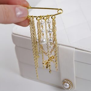 Gold Chain & Pearl Charm Safety Pin Brooch
