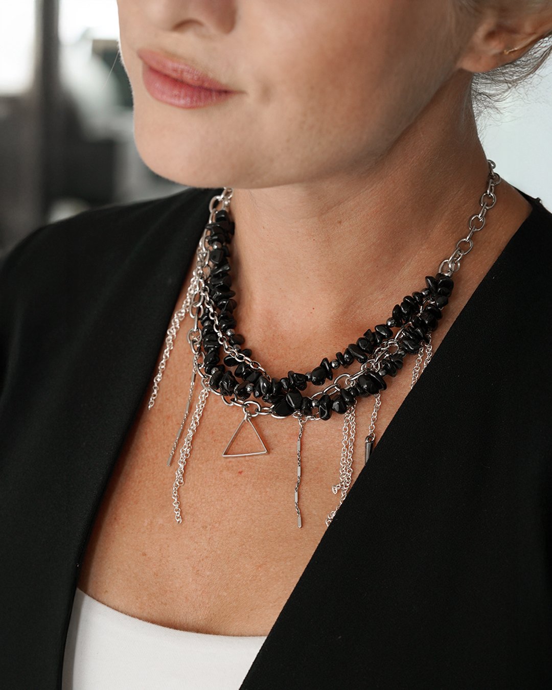 Rebel Chain Necklace - Black Stone & Silver - Image 8