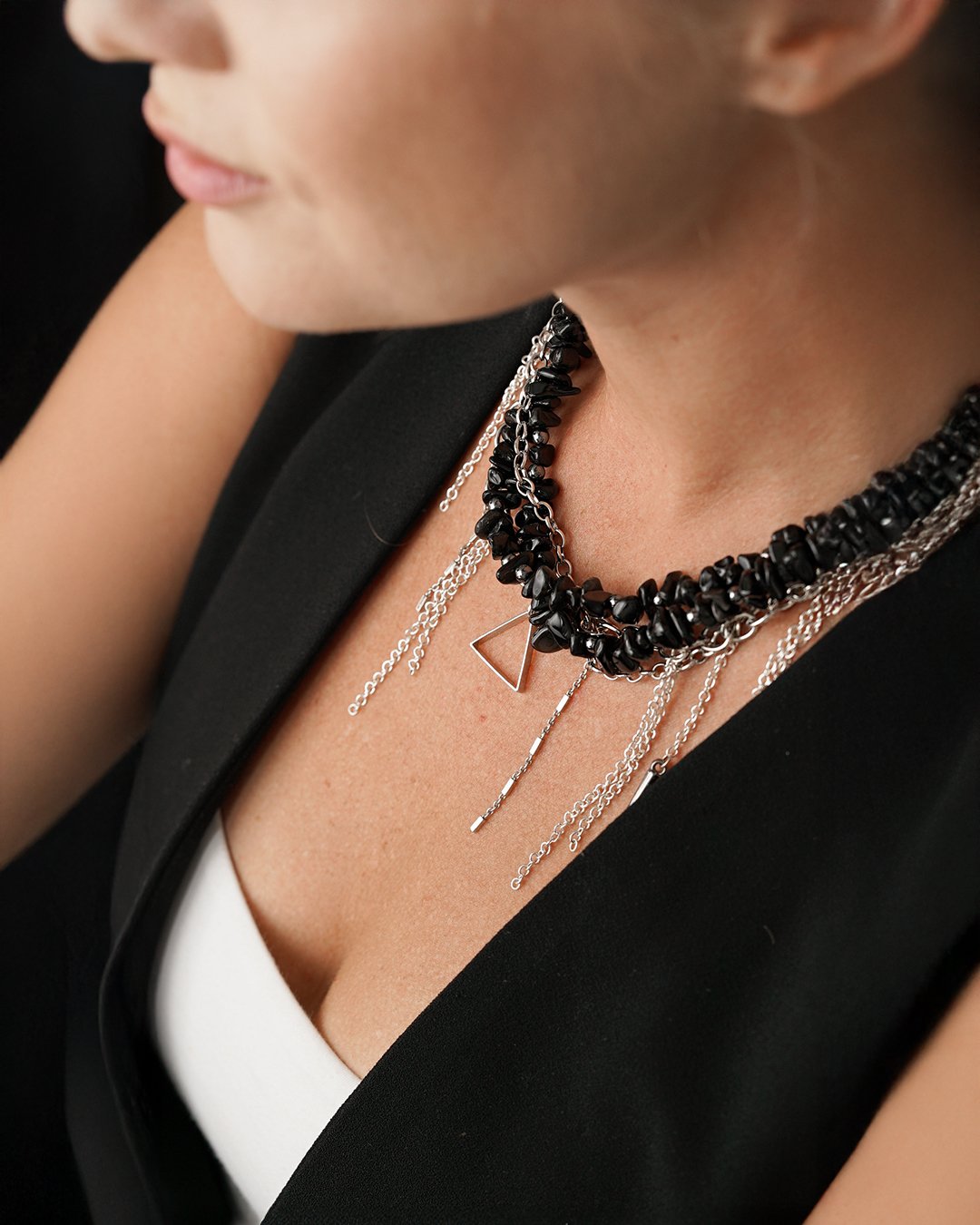Rebel Chain Necklace - Black Stone & Silver - Image 7