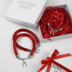 Crochet Beaded Bracelet with Horseshoe Charm - Red